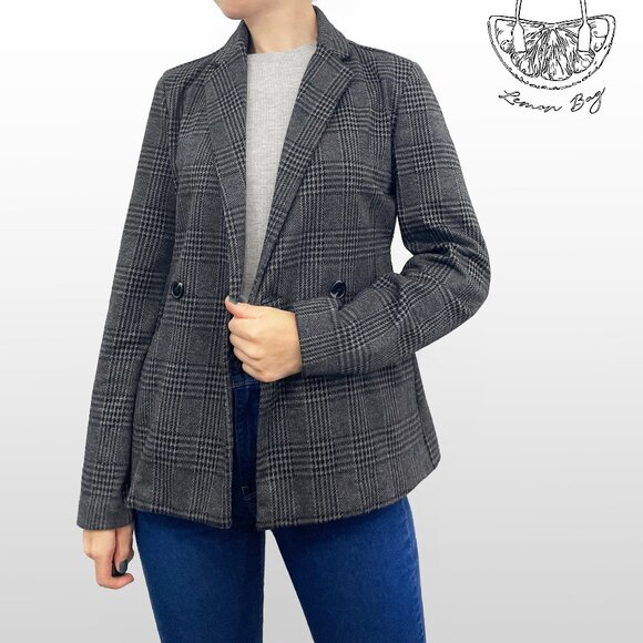 Love Tree / Double Breasted Plaid Blazer / Plaid Grey Black / Size S - Picture 1 of 6